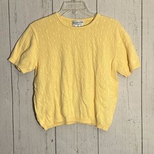 Pendleton 100% Cotton Cable Knit Yellow Sweater Short Sleeve Top Medium Petite